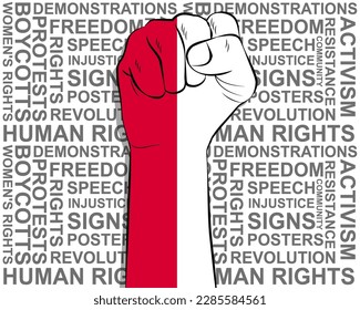 Raised fist on Poland flag, political news banner, victory or win concept, Poland protest public outrage idea, freedom symbol, punch up, struggle for human rights