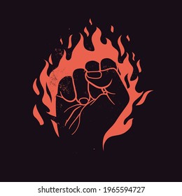 Se levantó el puño sobre el fuego rojo. El logo de un club de lucha o de la protesta, el emblema o la plantilla de diseño de placa aislados en el fondo negro. Ilustración del vector