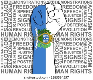 Raised fist on San Marino flag, political news banner, victory or win concept, San Marino protest public outrage idea, freedom symbol, punch up, struggle for human rights