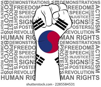 Puño levantado sobre la bandera de Corea del Sur, afiche de noticias políticas, concepto de victoria o victoria, Corea del Sur protesta por la idea de indignación pública, símbolo de libertad, punch up, lucha por los derechos humanos