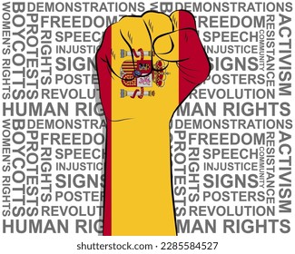 Raised fist on Spain flag, political news banner, victory or win concept, Spain protest public outrage idea, freedom symbol, punch up, struggle for human rights