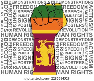 Raised fist on Sri Lanka flag, political news banner, victory or win concept, Sri Lanka protest public outrage idea, freedom symbol, punch up, struggle for human rights
