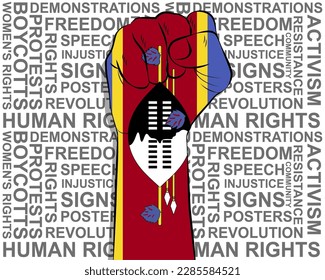 Raised fist on Swaziland flag, political news banner, victory or win concept, Swaziland protest public outrage idea, freedom symbol, punch up, struggle for human rights