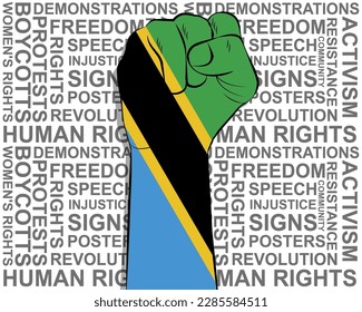 Raised fist on Tanzania flag, political news banner, victory or win concept, Tanzania protest public outrage idea, freedom symbol, punch up, struggle for human rights