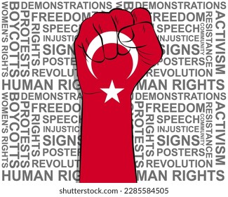 Raised fist on Turkey flag, political news banner, victory or win concept, Turkey protest public outrage idea, freedom symbol, punch up, struggle for human rights