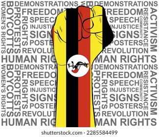 Raised fist on Uganda flag, political news banner, victory or win concept, Uganda protest public outrage idea, freedom symbol, punch up, struggle for human rights