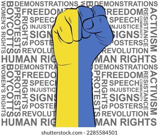 Raised fist on Ukraine flag, political news banner, victory or win concept, Ukraine protest public outrage idea, freedom symbol, punch up, struggle for human rights