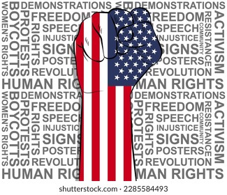 Raised fist on USA flag, political news banner, victory or win concept, USA protest public outrage idea, freedom symbol, punch up, struggle for human rights