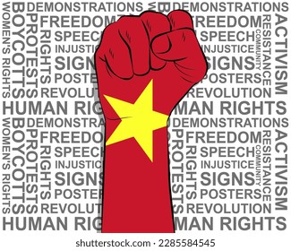 Raised fist on Vietnam flag, political news banner, victory or win concept, Vietnam protest public outrage idea, freedom symbol, punch up, struggle for human rights