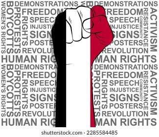 Raised fist on Yemen flag, political news banner, victory or win concept, Yemen protest public outrage idea, freedom symbol, punch up, struggle for human rights
