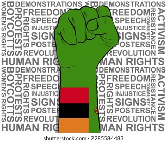 Raised fist on Zambia flag, political news banner, victory or win concept, Zambia protest public outrage idea, freedom symbol, punch up, struggle for human rights