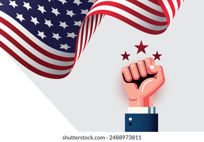 Puño levantado en el Círculo Patriótico Emblema de la Bandera Estadounidense, Elecciones en Estados Unidos de América. Luchando por la libertad. Ilustración vectorial.