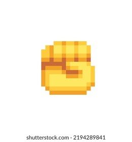 Raised fist. Pixel art icon. Flat style. Symbol of victory, strength, power and solidarity. 8-bit. Sticker design. Isolated abstract vector illustration.