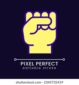 Raised fist pixel perfect RGB color icon for dark theme. Gesture of protest. Political solidarity. Simple filled line drawing on night mode background. Editable stroke. Poppins font used