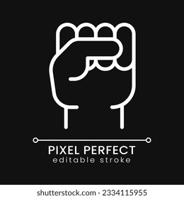 Raised fist pixel perfect white linear icon for dark theme. Gesture of protest and resistance. Thin line illustration. Isolated symbol for night mode. Editable stroke. Poppins font used