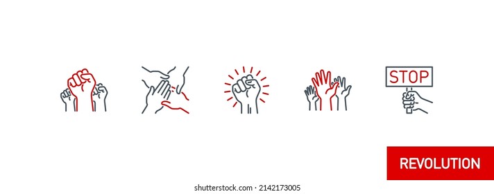 raised up fist in protest no war single line icons set isolated on white. Perfect outline symbol raised up fist revolution riot. freedom power design with editable Stroke. People rights line icons set