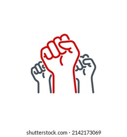 raised up fist in protest no war single line icon isolated on white. Perfect outline symbol raised up fist in revolution riot. freedom power design element with editable Stroke.People rights line icon