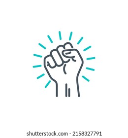 raised up fist in protest no war single line icon isolated on white. Perfect outline symbol raised up fist in revolution riot. freedom power design element with editable Stroke.People rights line icon