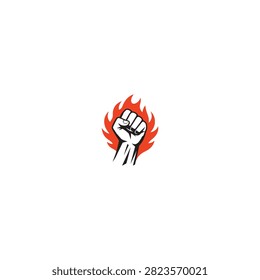 Raised fist protest sign with fire flame background activism resistance strength revolution politics rebellion struggle movement uprising