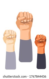 Raised fist set. Isolated person strong clenched hand symbol. Raised human fist gesture icons. Vector fight, power and protest concept