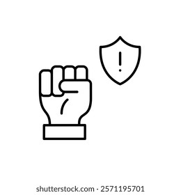 Raised fist and shield with exclamation mark. Power of collective action while cautioning against potential dangers. Pixel perfect vector icon