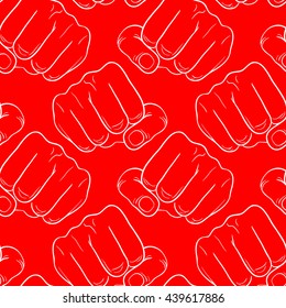Raised fist. Strong fist on a red background. Mans hand. Male fist. Symbol of power and authority. Painted vector fist. Fist sketch
