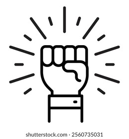 A raised fist surrounded by a halo, symbolizing strength, empowerment, and unity round line vector icon with editable stroke