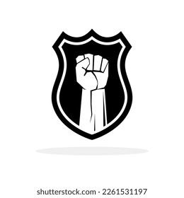 Raised fist symbol. Clenched fist symbol on a shield. Security or protection logo. Vector illustration.