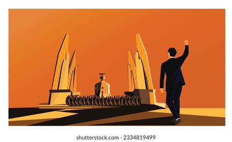 Raised fist symbol.Man Raised his fist up in the air to againts dictatorship.Vector illustration scene of Thailand democracy situation,recent primary election.Pita in thailand 