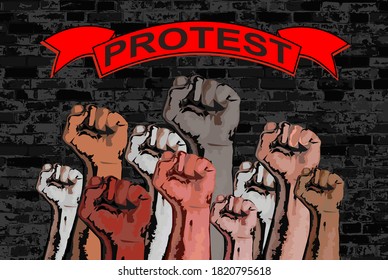 The raised fist is a symbol of the struggle for equality. Problem of racism. Black Lives Matter. Sign PROTEST on a red ribbon.