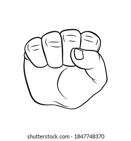 Raised Fist Symbolizing Power or Strength of Unity. Outline Concept of Power, Leadership or Superiority. Thin Line Icon for Website Design. A Realistic Black and White Sketch