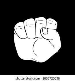 Raised Fist Symbolizing Power or Strength of Unity. Outline Concept of Power, Leadership, or Superiority. Thin Line Icon for Website Design on Black Background