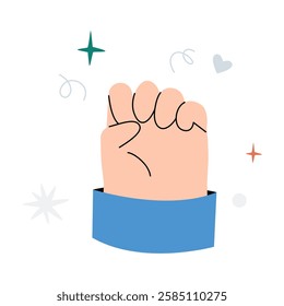 Raised Fist Symbolizing Strength, Unity, And Motivation In Flat Vector Illustration Representing Power, Protest, And Determination, Isolated On White Background.