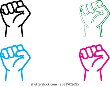 Raised fist symbols, minimalist line drawings, black white blue green pink colors, solidarity icons, protest imagery, simple graphic design, unity symbols, social justice artwork, vector-style illustr