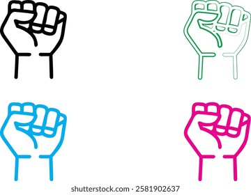 Raised fist symbols, minimalist line drawings, black white blue green pink colors, solidarity icons, protest imagery, simple graphic design, unity symbols, social justice artwork, vector-style illustr