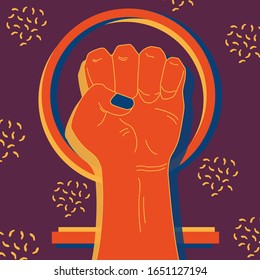 Raised fist with venus symbol. Feministic vintage art. Protest against sexism and misogyny. Flat style vector illustration in trendy colors. Fight concept. Design element for card, poster, logo.