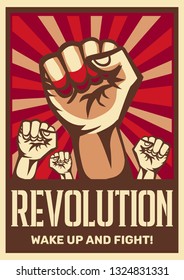 Raised fist vintage constructivist revolution communism promoting poster symbolizing unity solidarity with oppressed people fight vector illustration