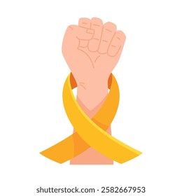 A raised fist wrapped in a yellow ribbon symbolizing childhood cancer