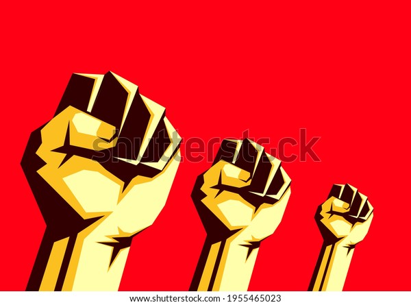 Raised\
fists in the air on the red background, protest concept. A fight\
against social inequality and racism. Defense of the rights of\
sexual minorities. Class struggle and\
revolution.