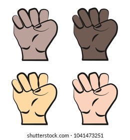 Raised fists from different nationalities races and color - symbol for unity and solidarity with oppressed people and women’s rights - isolated vector hand drawing