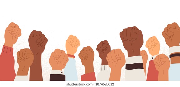 Se levantaron puños de diferente color de piel. El poder de la protesta contra la discriminación racial y el apoyo a la igualdad, la diversidad y el movimiento Black Lives Matter. Ilustración vectorial plana aislada en blanco