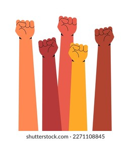 Raised fists, diverse hands symbolizing protest. Struggle for human rights concept. No war demostration, showing solidarity, supporting equility, freedom. Flat vector illustration isolated on white