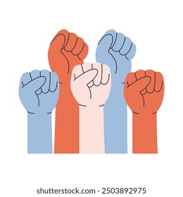 Raised up fists. Election campaign for civil rights, protest event, rally. Voting and elections concept. Vector illustration in flat style