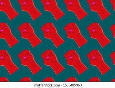 Puños elevados, vectorial plano sin fisuras. Textura vintage. Protesta o revolución. Ilustración en colores turquesa rojos y oscuros. Plantilla de tarjeta,textil,diseño de papel pintado,papel envolvente o fondo web