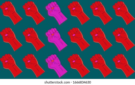 Raised fists flat vector seamless pattern.Vintage texture. Protest or revolution. Illustration in red, neon pink and dark turquoise colors. Card template,textile,wallpaper design,wrapping paper or web