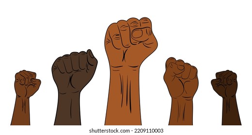 Raised fists of multicultural people of different skin tones and colors. Black lives matter. Group of protesters or activists. Demonstration, revolution, fighting for rights and justice.