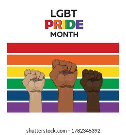 Raised fists of people with different skin colors on a rainbow colors background