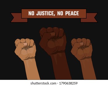 Raised fists of people with different skin colors on a black background. Sticker, patch, t-shirt print, logo design