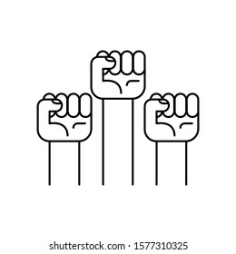Raised fists. Protesters hands. Crowd  of people. Outline thin line flat illustration. Isolated on white background. 