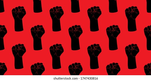 Raised fists silhouette seamless pattern. Vintage texture. Protest or revolution. Flat vector Illustration isolated on red background. textile, wallpaper design, wrapping paper or web. EPS